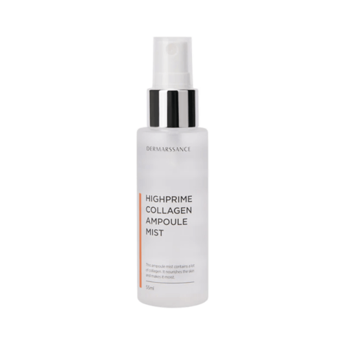 A 55 ml transparent bottle of Dermarrssance Highprime Collagen Ampoule Mist